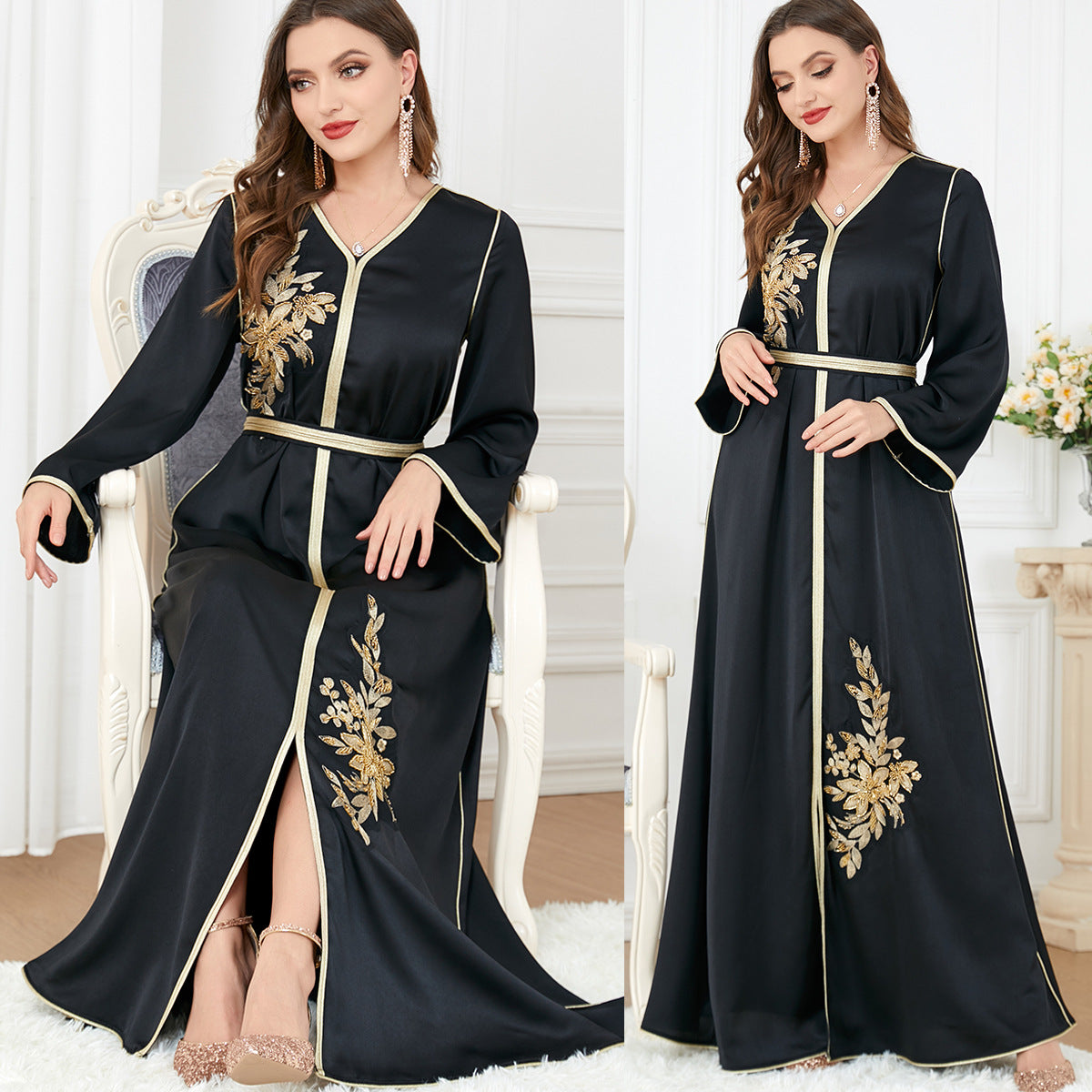 Robe arabe fendue à col en V pour femme