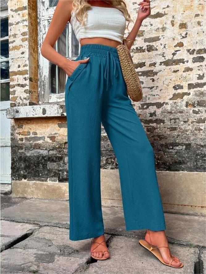 High Waist Casual Women's Pants with Elastic Drawstring & Pockets