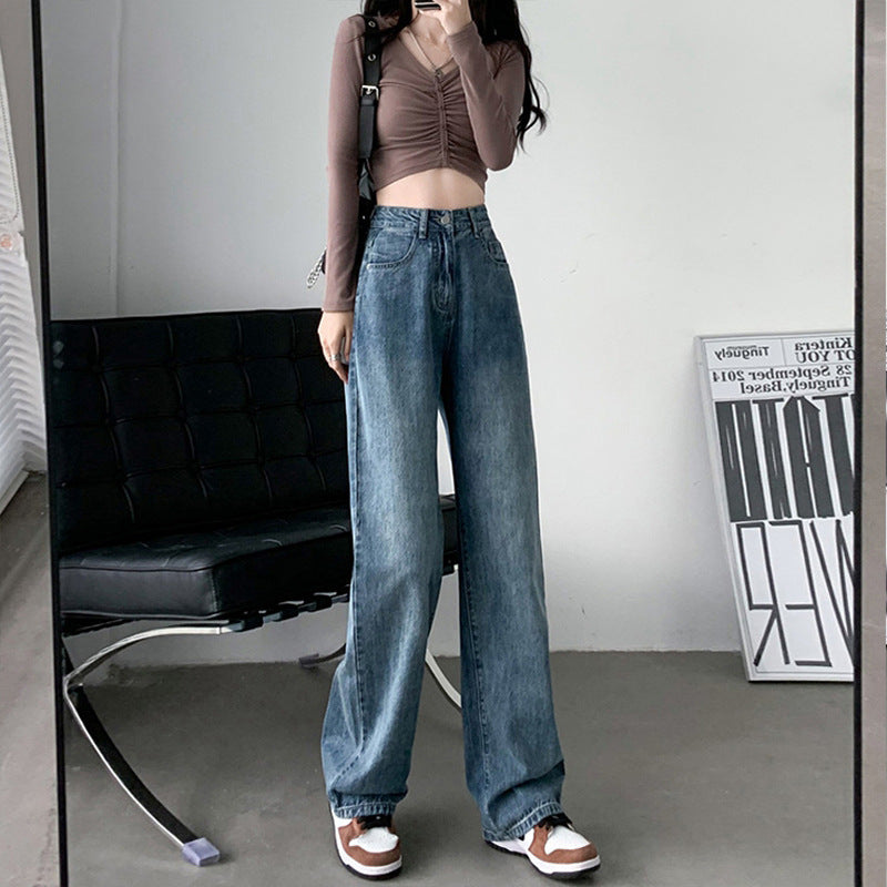 High Waist Wide Leg Draping Effect Plus Size Jeans for Women