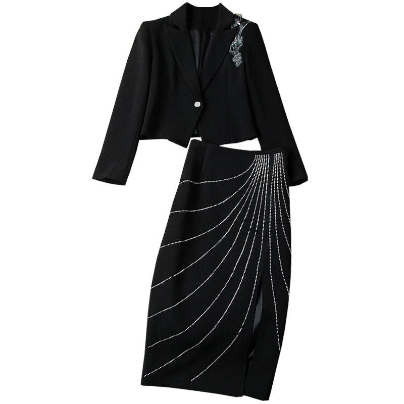 Autumn Winter Women’s Black Office Dress Suit with High Waist Skirt