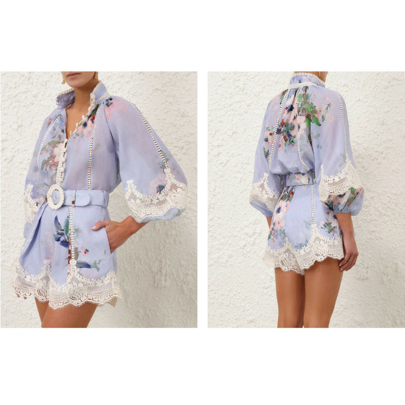 Lace Stitching Single-Breasted Shirt & Wide Leg Shorts Two-Piece Suit for Women