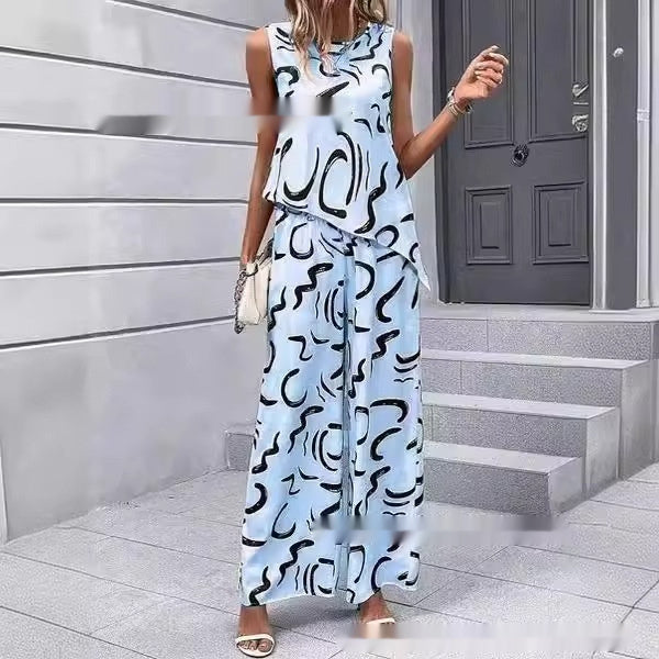 Women's Sleeveless Round Neck Top & Printed Pants Set Spring Summer