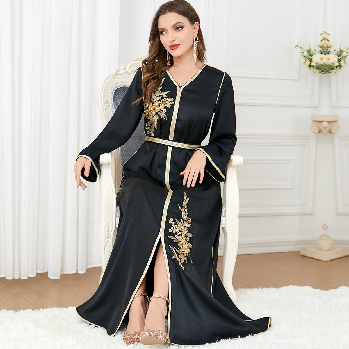 Robe arabe fendue à col en V pour femme