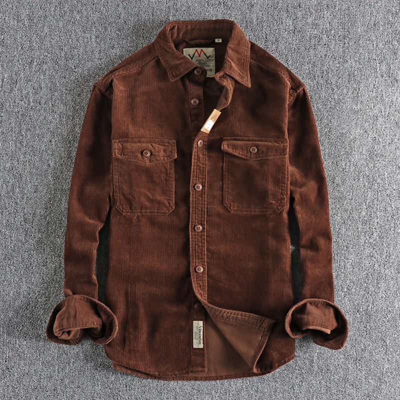 Retro Washed Wool Corduroy Long-Sleeve Shirt for Men in Multiple Colors