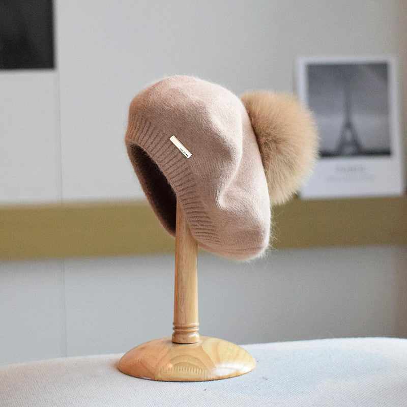 Japanese Style Rabbit Fur Beret Hat for Women, Size M, Winter Warmth, Multiple Colors