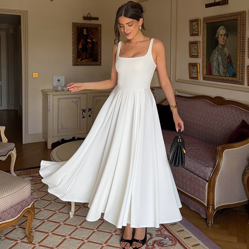 Square Collar Sleeveless High Waist Pleated Long Dress