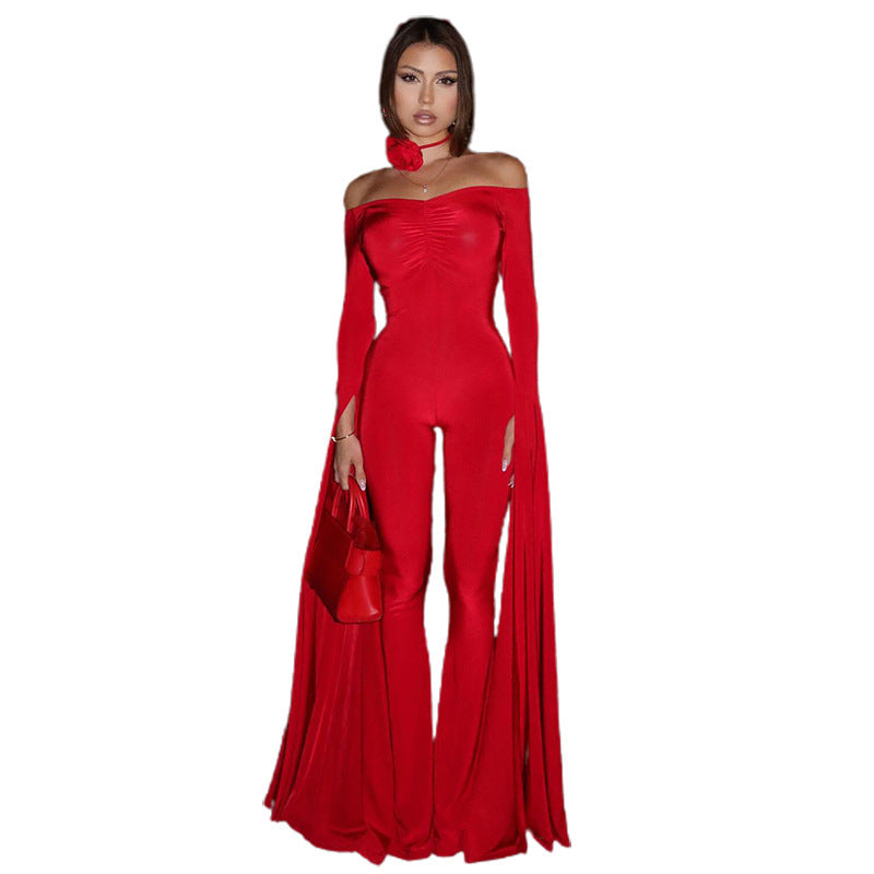 Combinaison rouge pour femme, manches longues épaules dénudées, taille haute