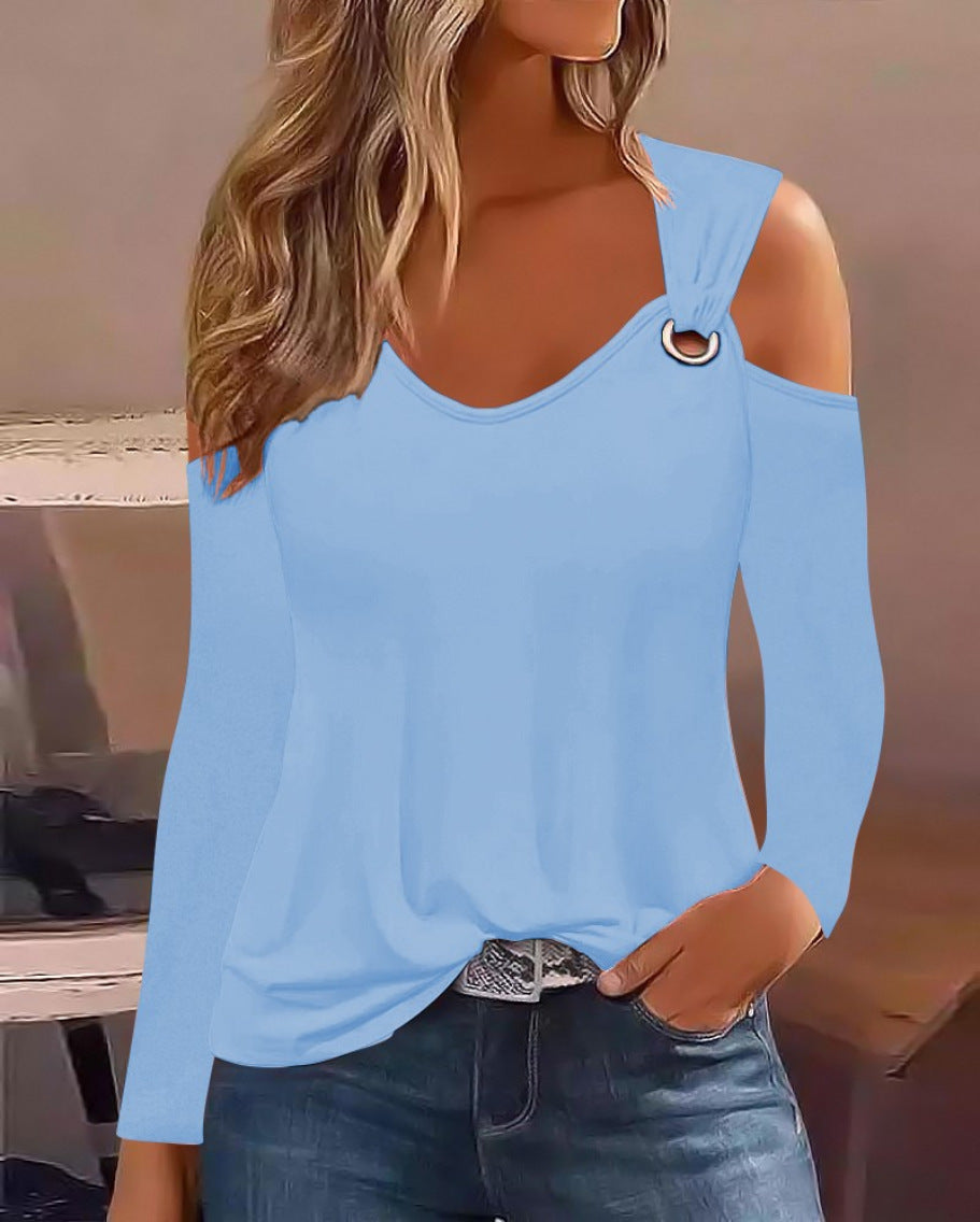 Simple Metal Buckle V-Neck Long Sleeve Shirt Polyester