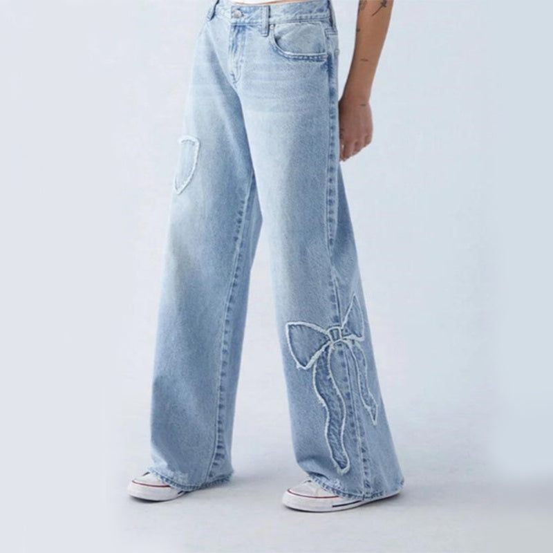 Women's Light Blue Denim Straight Leg Embroidered Butterfly Jeans Baggy Pants