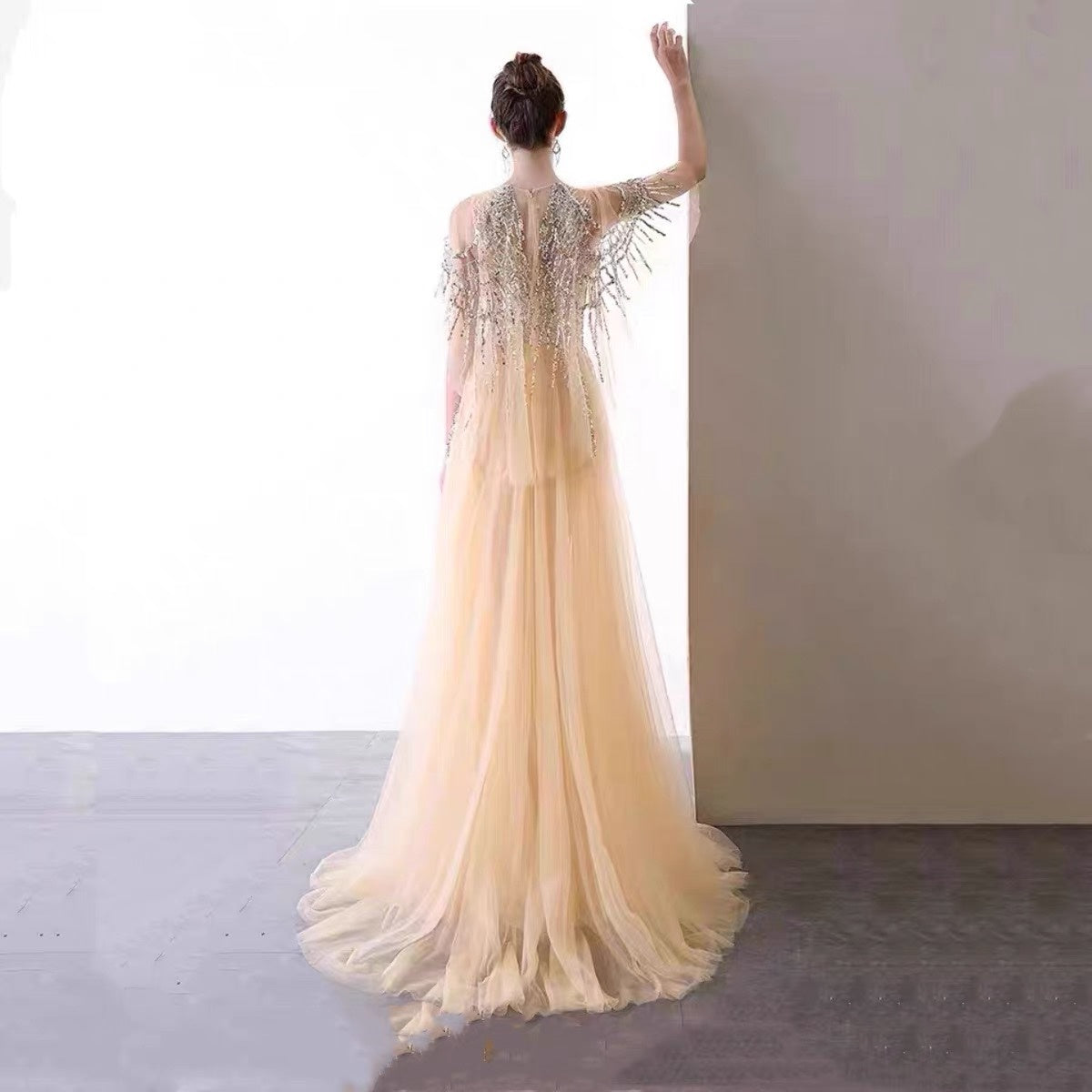 Robe de soirée perlée pour femme, dorée et bleu foncé