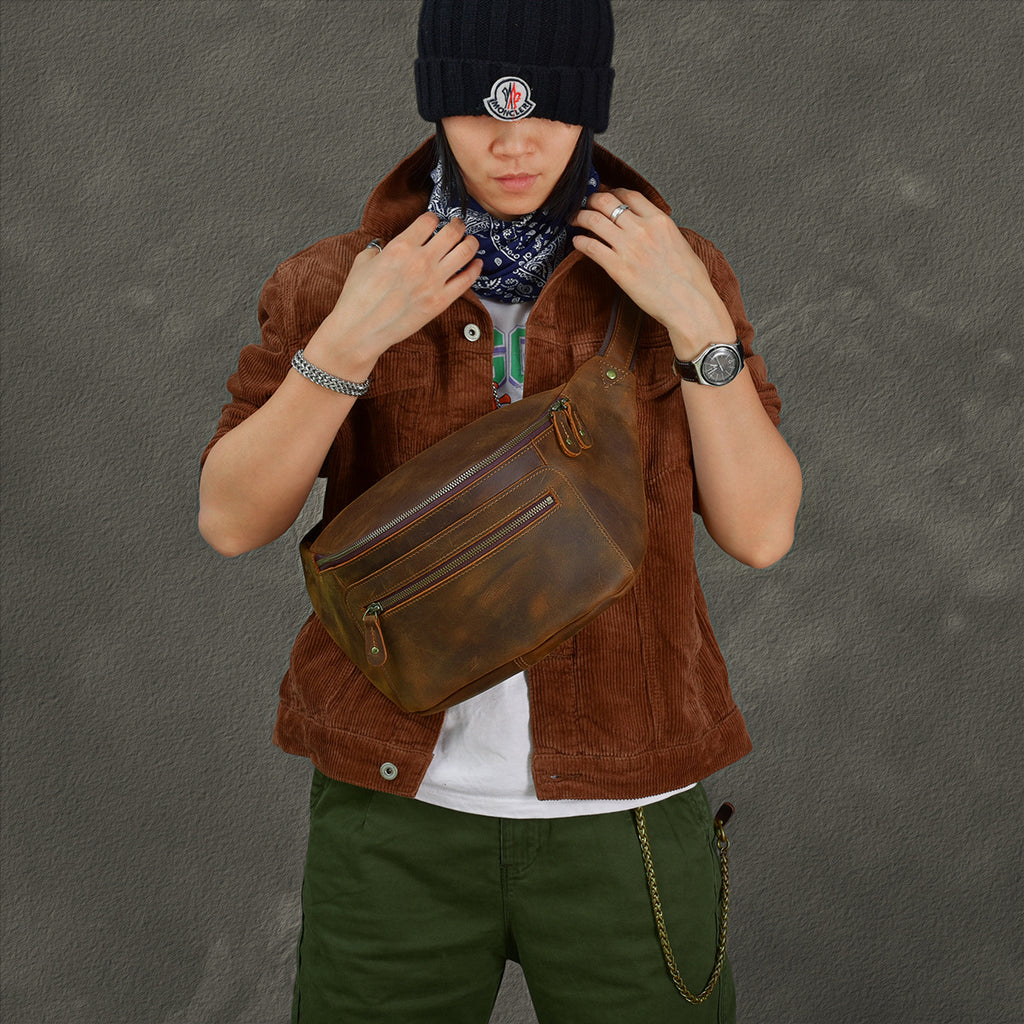 Retro Distressed Crazy Horse Leather Large Men's Chest Bag
