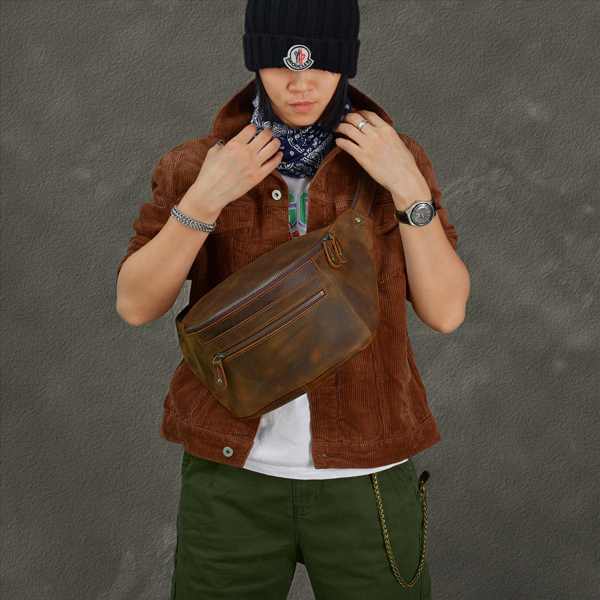 Retro Distressed Crazy Horse Leather Large Men's Chest Bag