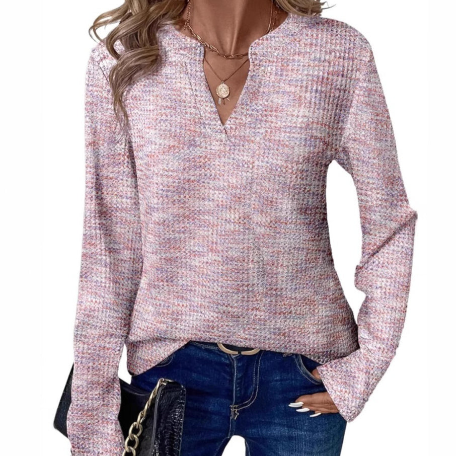 Women’s V-Neck Long-Sleeve Pullover Top Polyester Colorblock