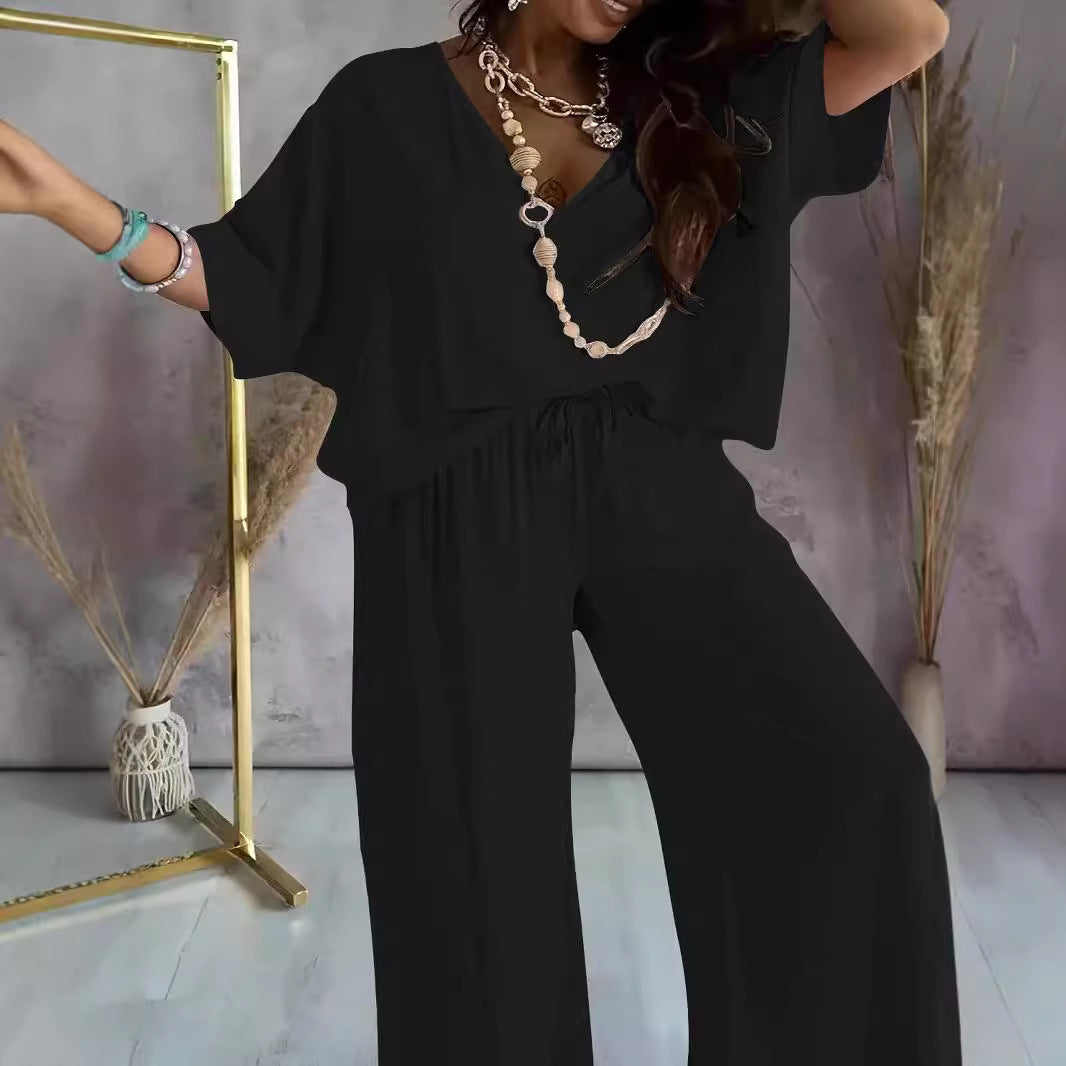 V-Neck Batwing Sleeve Loose Wide Leg Pants Suit for Women