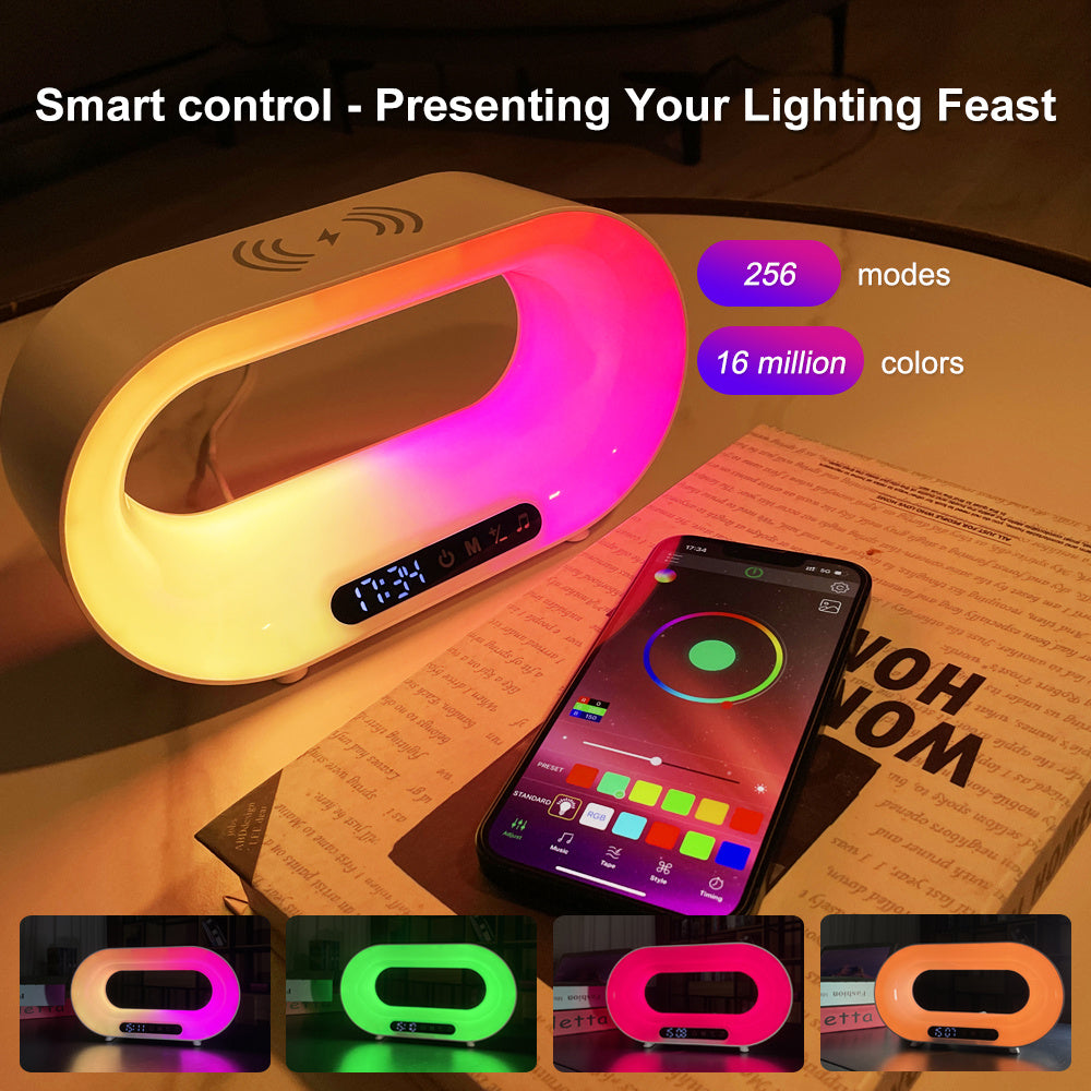 3-in-1 LED Night Light Desk Lamp with APP Control, RGB Atmosphere, Wireless Fast Charger & Alarm Clock