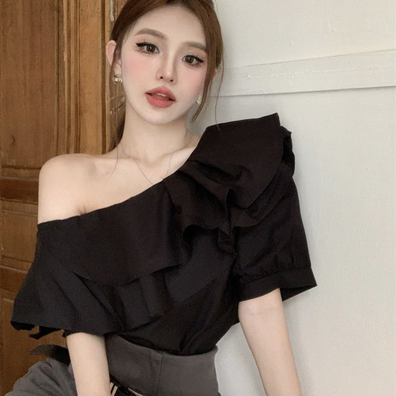 Women's Elegant Ruffled Off-Shoulder Long Sleeve Shirt