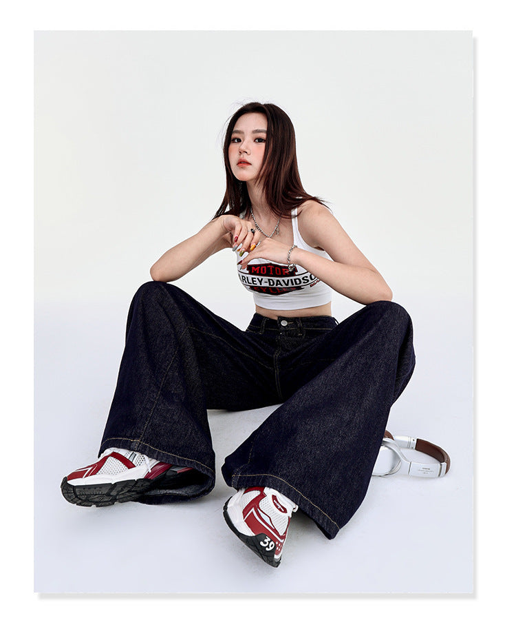 Spring Draped High Waist Wide Leg Denim Jeans for Women