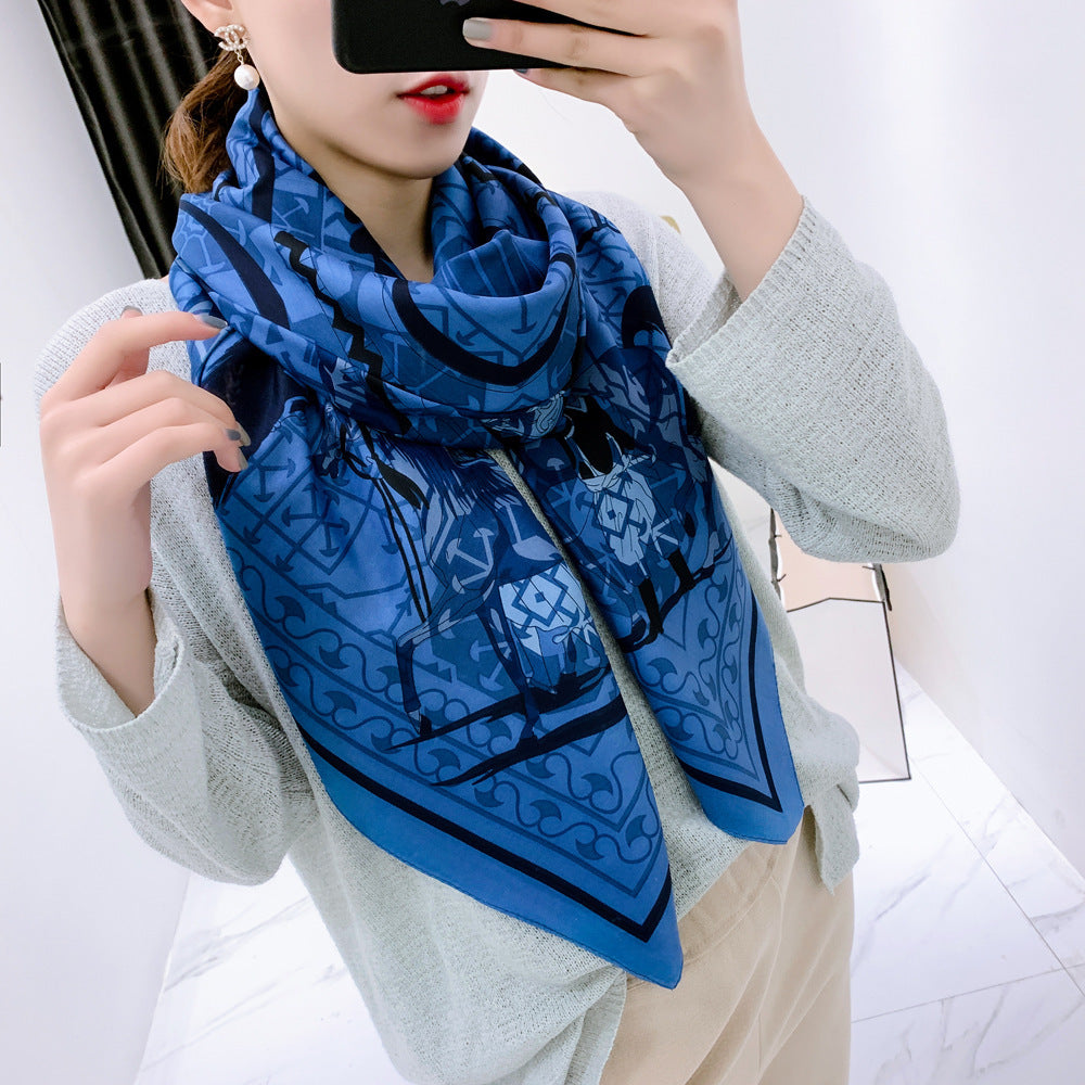 Floral Carriage Twill Large Square Silk Scarf Sunscreen Shawl