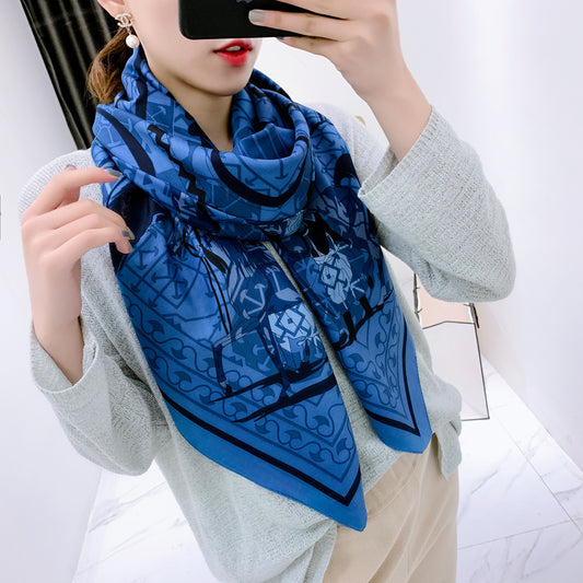 Floral Carriage Twill Large Square Silk Scarf Sunscreen Shawl