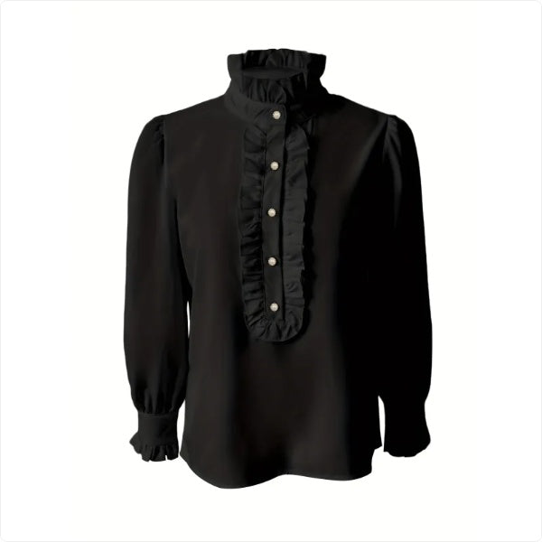 Stand-Up Collar Long-Sleeve Shirt with Lotus Leaf Hem - 100% Polyester