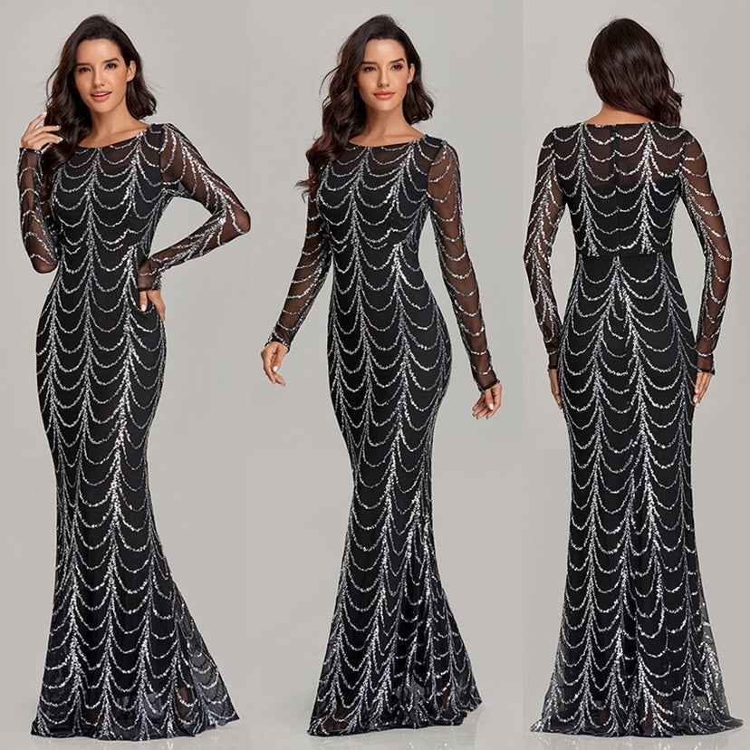 Sequins Maxi Dress Women Long Sleeve Party Dress
