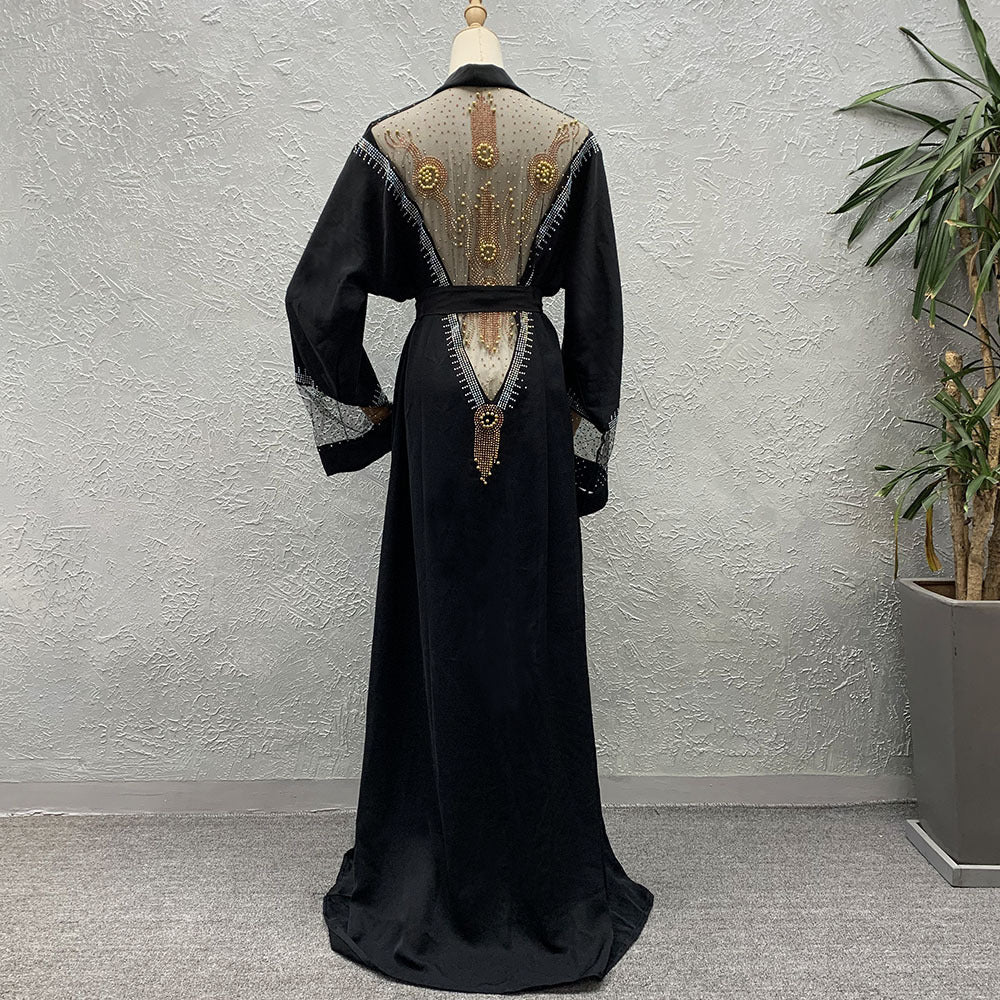 Cardigan Robe Mesh Stitching Rhinestone Loose Bat Sleeve for Middle Eastern Women XXL/3XL Black Blue Polyester