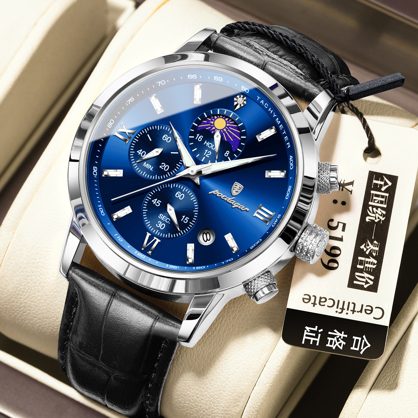 Montre pour homme avec phase de lune et chronographe multifonction