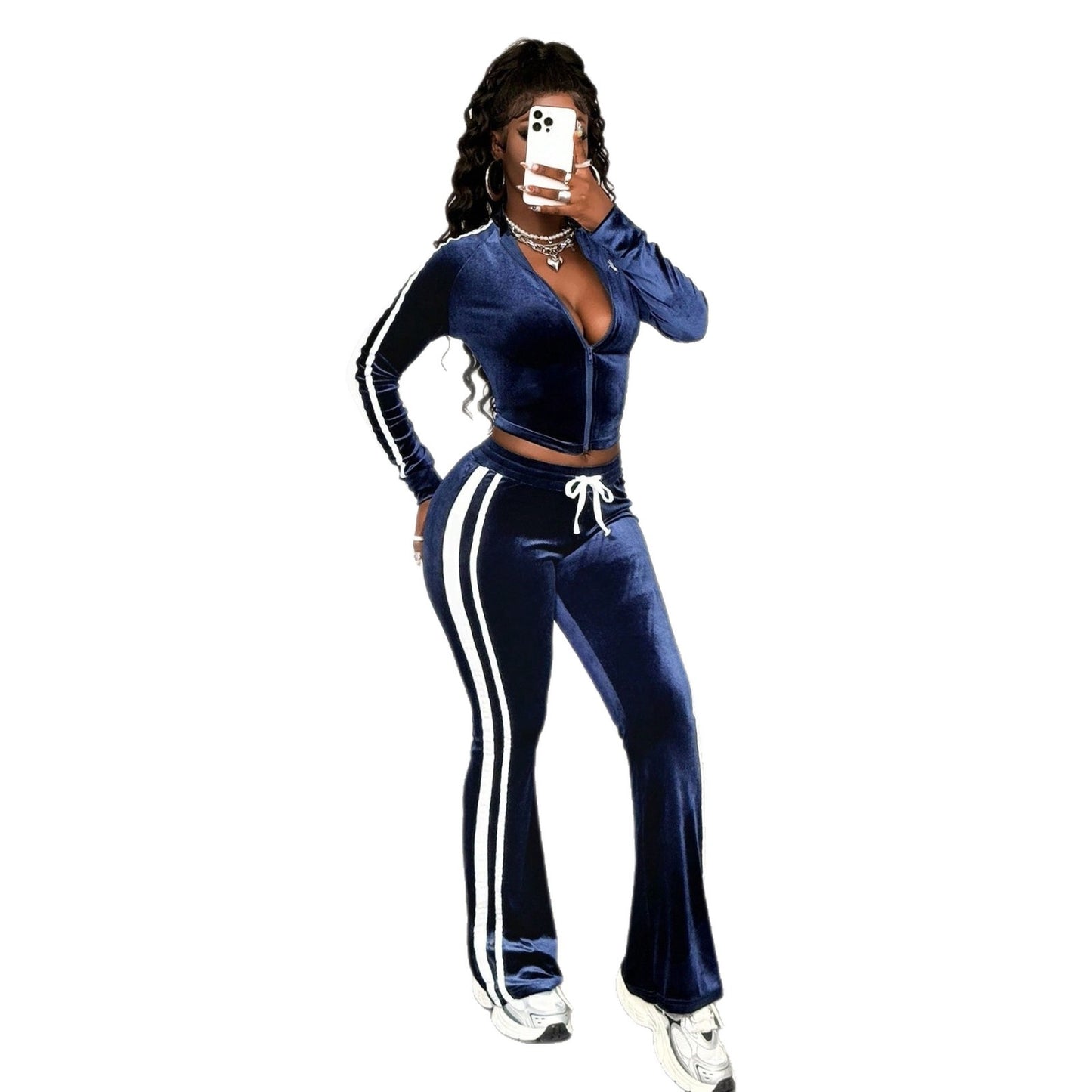 طقم رياضي متعدد الاستخدامات مكون من جاكيت مخطط بأكمام طويلة وبنطال برباط