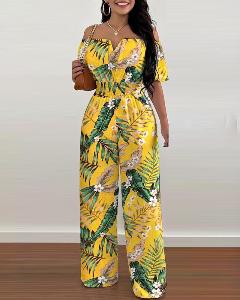 Women's Off-Neck Waist-Trimmed Loose Straight Jumpsuit
