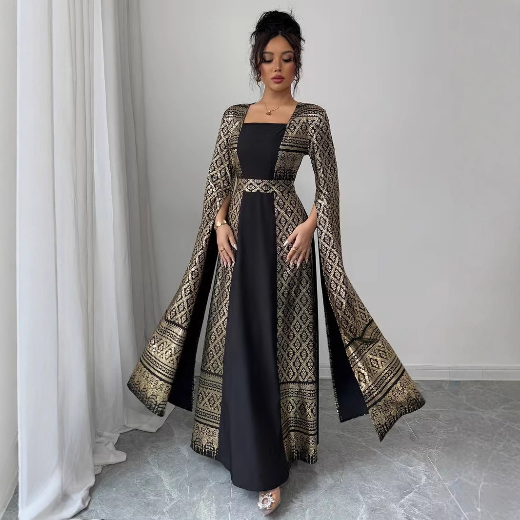 Elegant Arabian Womens Casual Long-sleeve Flared Dress