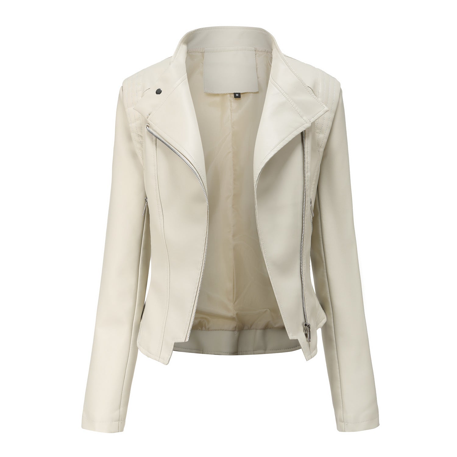 Women’s Slim-Fit PU Lapel Leather Coat with Pockets