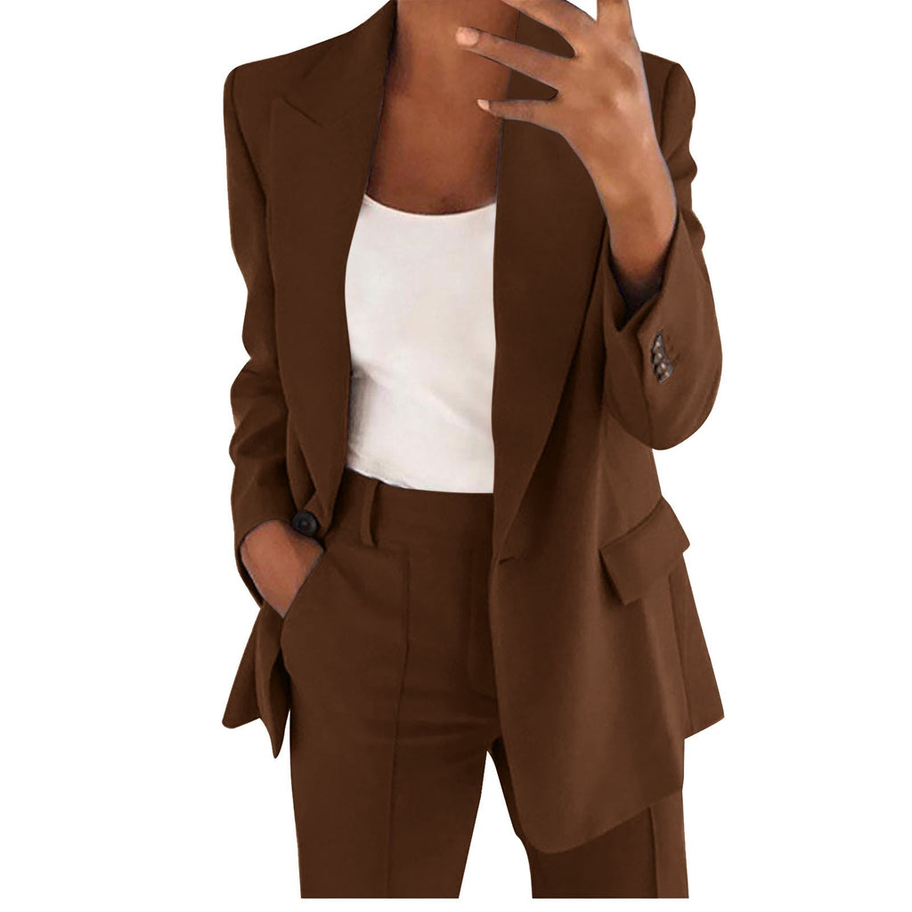 Slim Lapel Cardigan Suit Set with Button Detail