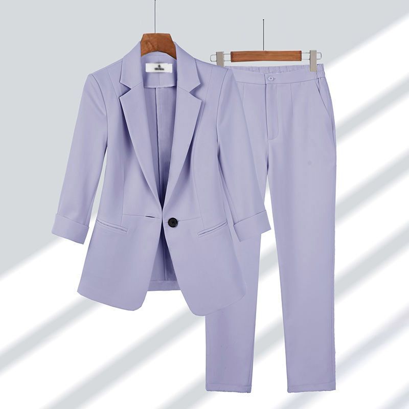 2pcs Women's Casual Blazer Set Solid Color Lapel Single-Breasted Jacket & Zipper Pants Office Suit