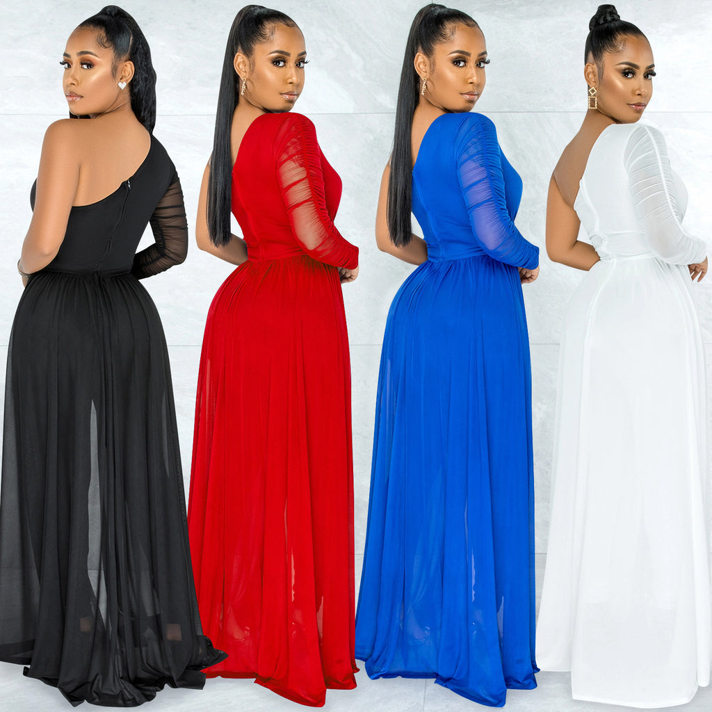 Pure Color Mesh One Shoulder Long Sleeve Jumpsuit for Women