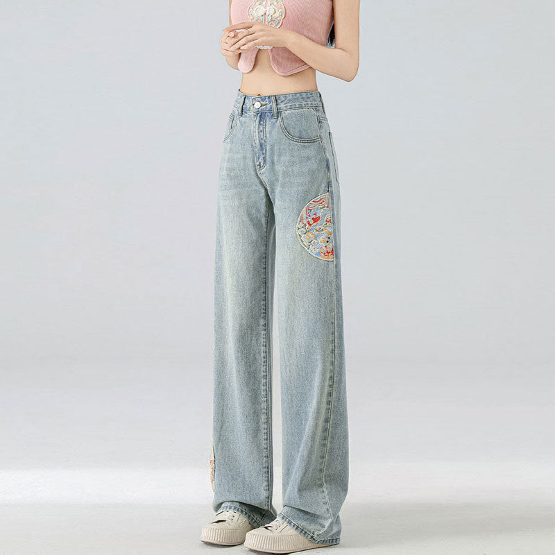 High Waist Light Blue Embroidered Wide Leg Cotton Denim Trousers