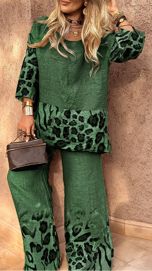 Women's Casual Cool Cotton And Linen Leopard Print Printed Two-piece Suit
