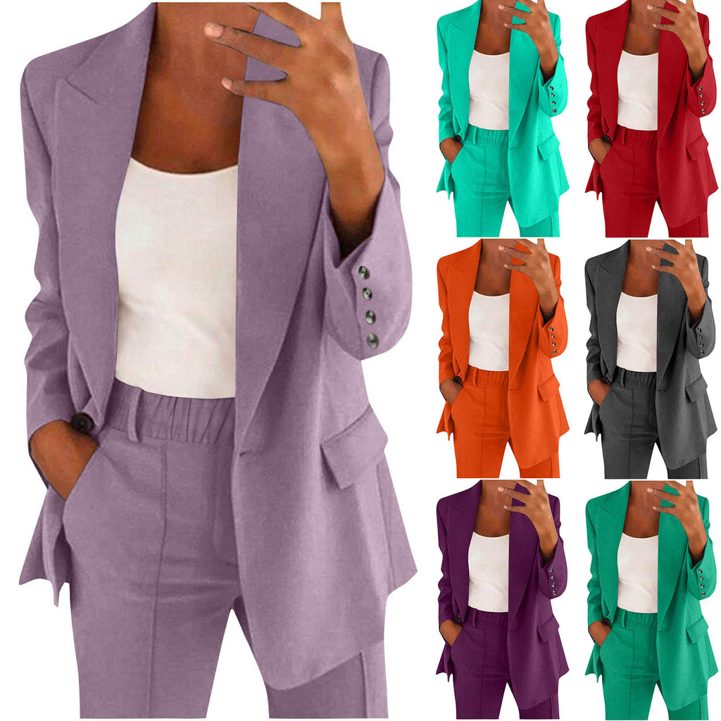 Slim Lapel Cardigan Suit Set with Button Detail