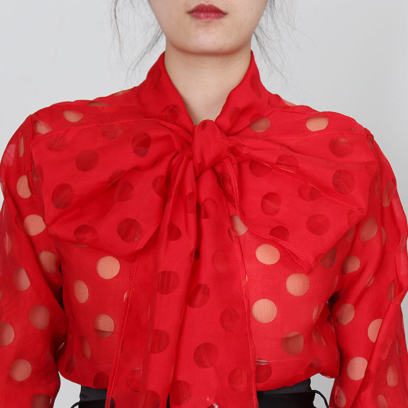 Women's Design Sense Lantern Sleeve Polka Dot Long Sleeve Shirt