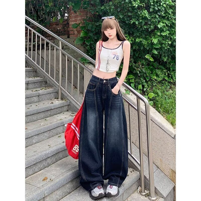 Women's High Waist Dark Blue Wide Leg Denim Jeans