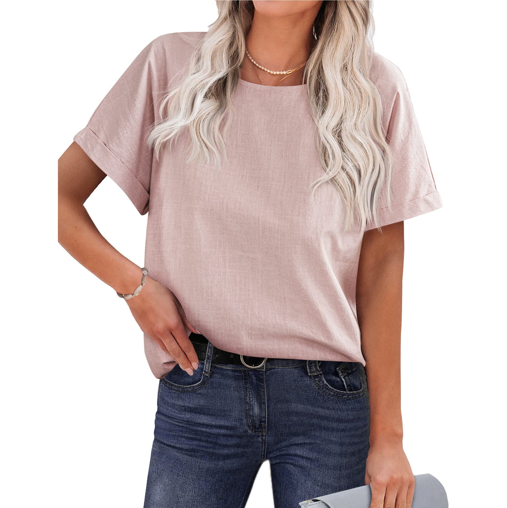 Women's Cotton Linen Short Sleeve Loose Shirt Top