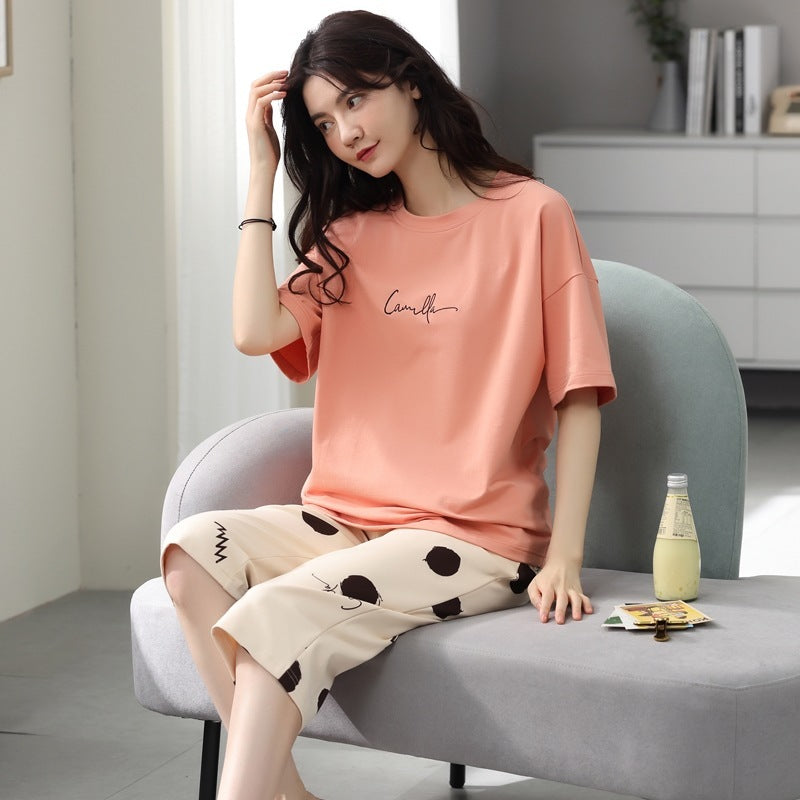 Women's Plus Size Short Sleeve Cropped Pajama Set Homewear