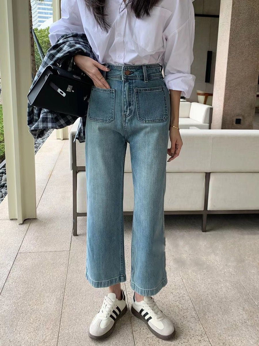 Light Blue High Waist Wide-Leg Jeans for Women Petite Slimming Nine-Point
