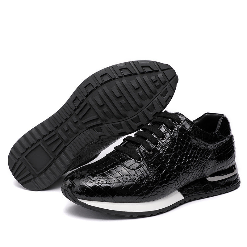 Baskets Rétro Noires Homme en Cuir de Crocodile Lacets Semelle Caoutchouc