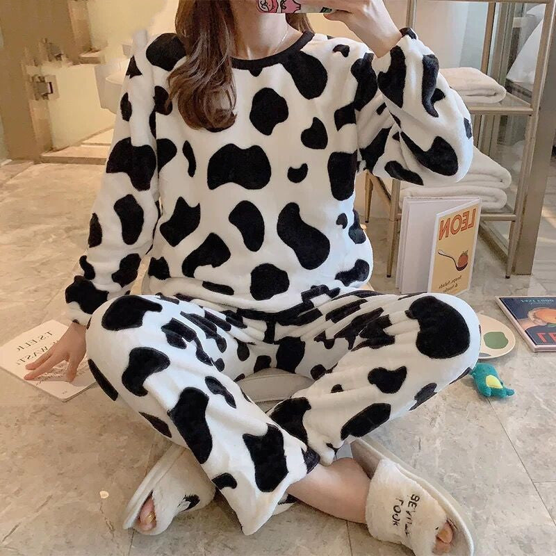 Winter Flannel Long Sleeve Thicken Plus Fleece Homewear Pajamas for Women