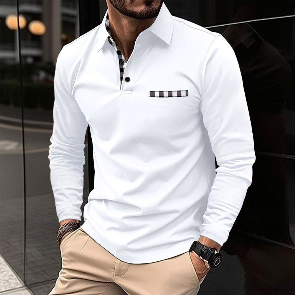 Chemise Polo à Manches Longues Revers et Patchwork Carreaux Décontractée Homme