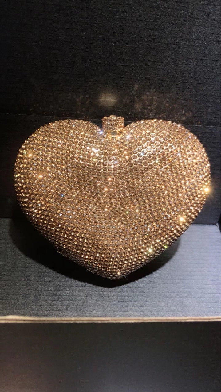 Sac de Soirée Diamant Cœur avec Anse à Main, Sac à Bandoulière Rigide en Métal 14x12x5", Rouge Noir Rose Or Argent