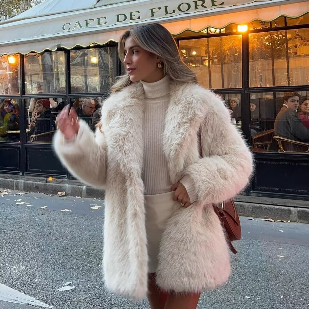 Women’s Thick Artificial Fur Warm Coat with Fur Collar