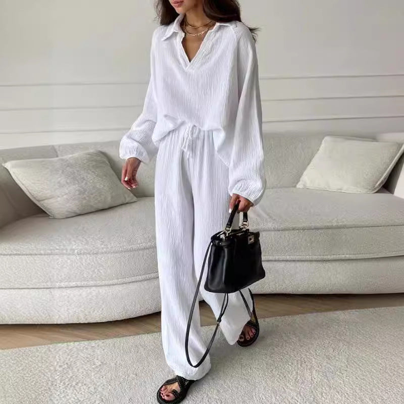 Ensemble élégant haut et pantalon décontracté en polyester pour femme, disponible en plusieurs coloris