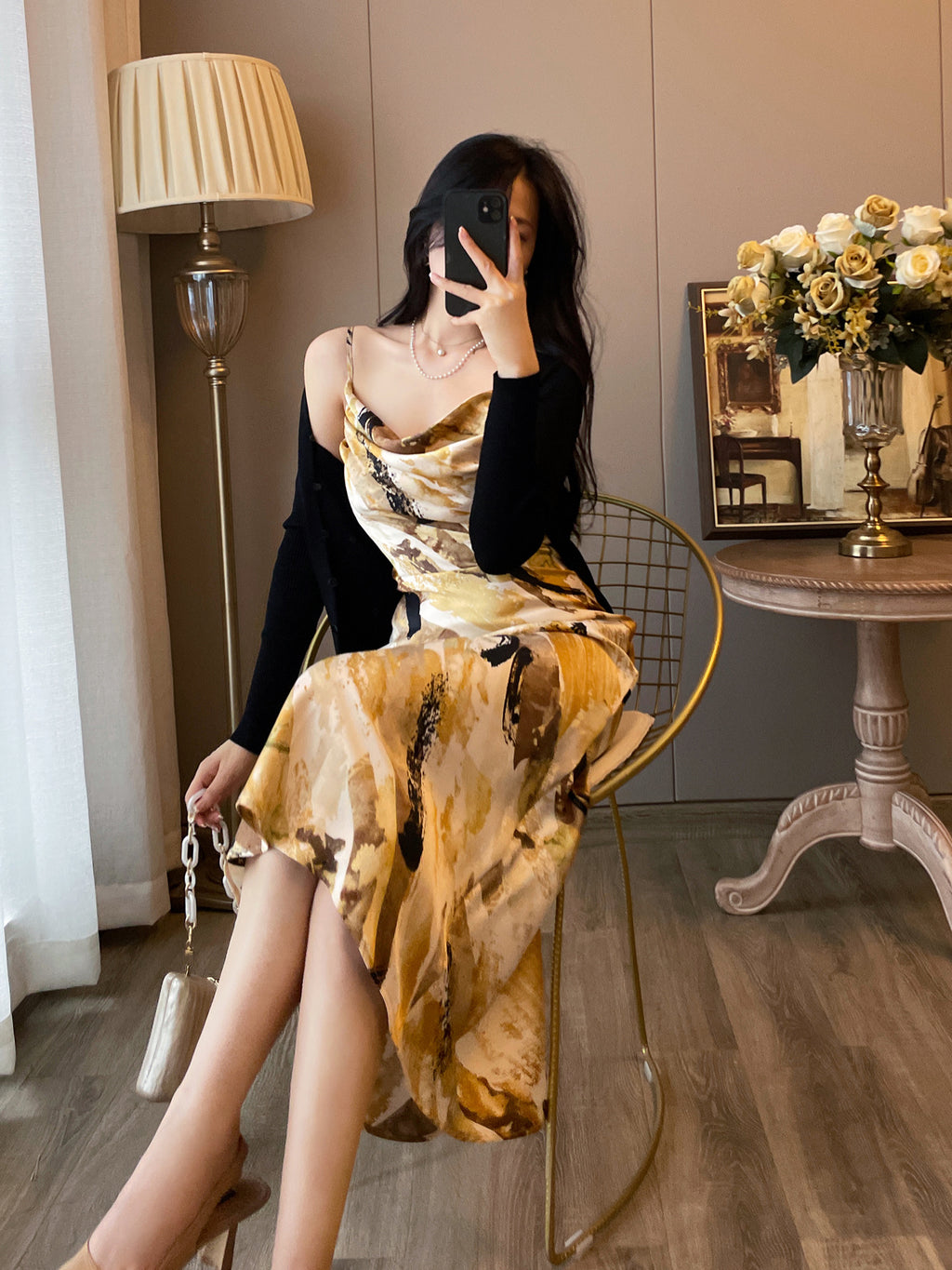 Women's Retro French Floral High-Waisted Suspender Dress