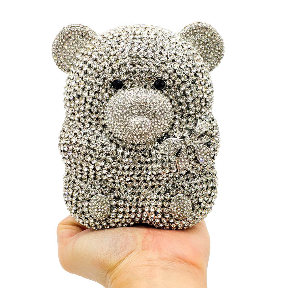 Bear Rhinestone Diamond Party Clutch Evening Bag with Chain Handle